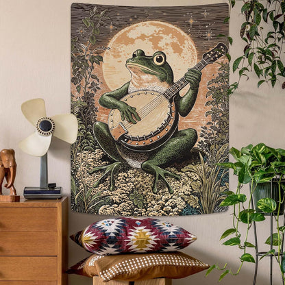 Lunerfex Moonlit Banjo Frog Wall Tapestry, Whimsical Amphibian Musician Tapestries for Room Decor, Folk Art Tapestry 44L x 60W