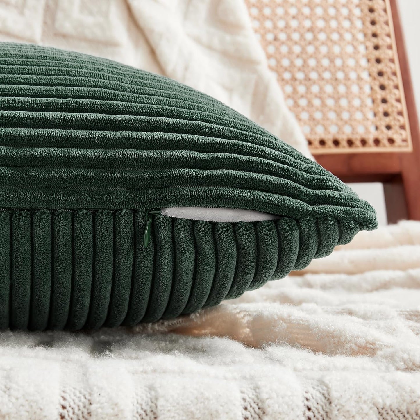 Fancy Homi Set of 2 Dark Green Decorative Throw Pillow Covers 22x22 Inch for Living Room Couch Bed, Boho Farmhouse Forest Green Home Decor, Soft Corss Corduroy Patchwork Textured Cushion Case