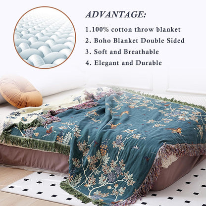 Snycler Boho Throw Blanket for Bed - 100% Cotton Ultra Soft Rustic Quilt Blanket Green Floral Bird Printed Farmhouse Decor Bed Blankets, 80"×90" All Season Rustic Throw for Sofa Chair Couch