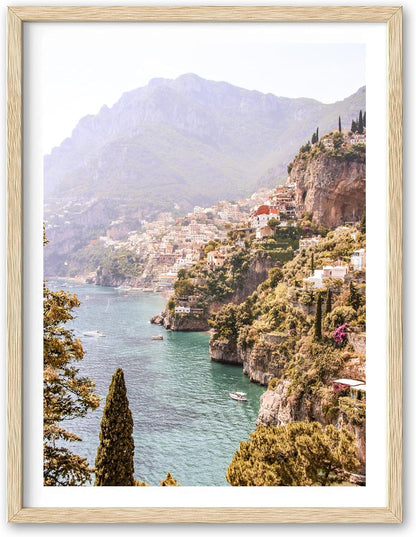 HesenDot Natural OAK Wood Framed Italy Coastal Wall Art,12x16in Amalfi Coast Canvas Wall Print,Positano Seascape Boho Poster Wall Decor for Living Room,Bedroom,Office Gallery Set of 1