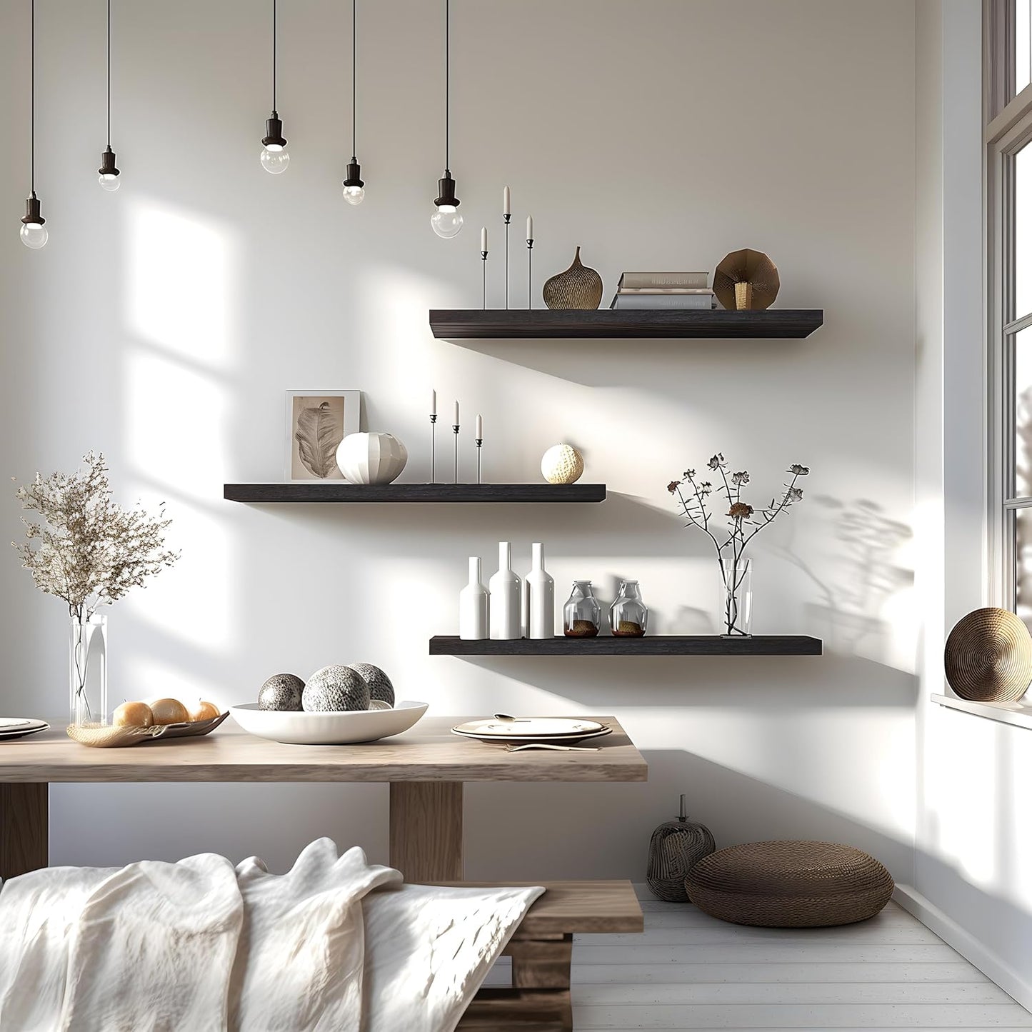 24 Inch Floating Shelves for Wall Rustic Brown Wood Wall Shelves for Bedroom Set of 4