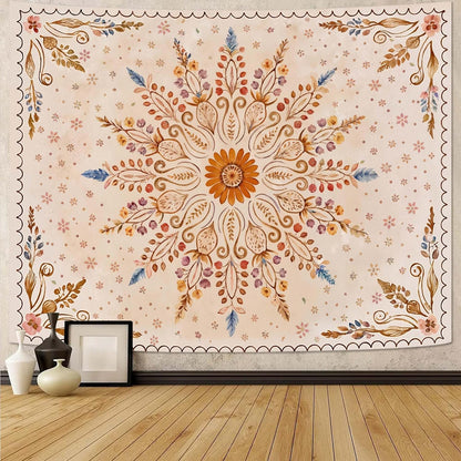 Fowocu Boho Floral Mandala Tapestry for Bedroom Aesthetic Watercolor Bohemian Flower Wall Tapestry Brown Beige Hippie Indian Large Tapestries Wall Hanging for Living Room Dorm Decor 80 x 60 Inch