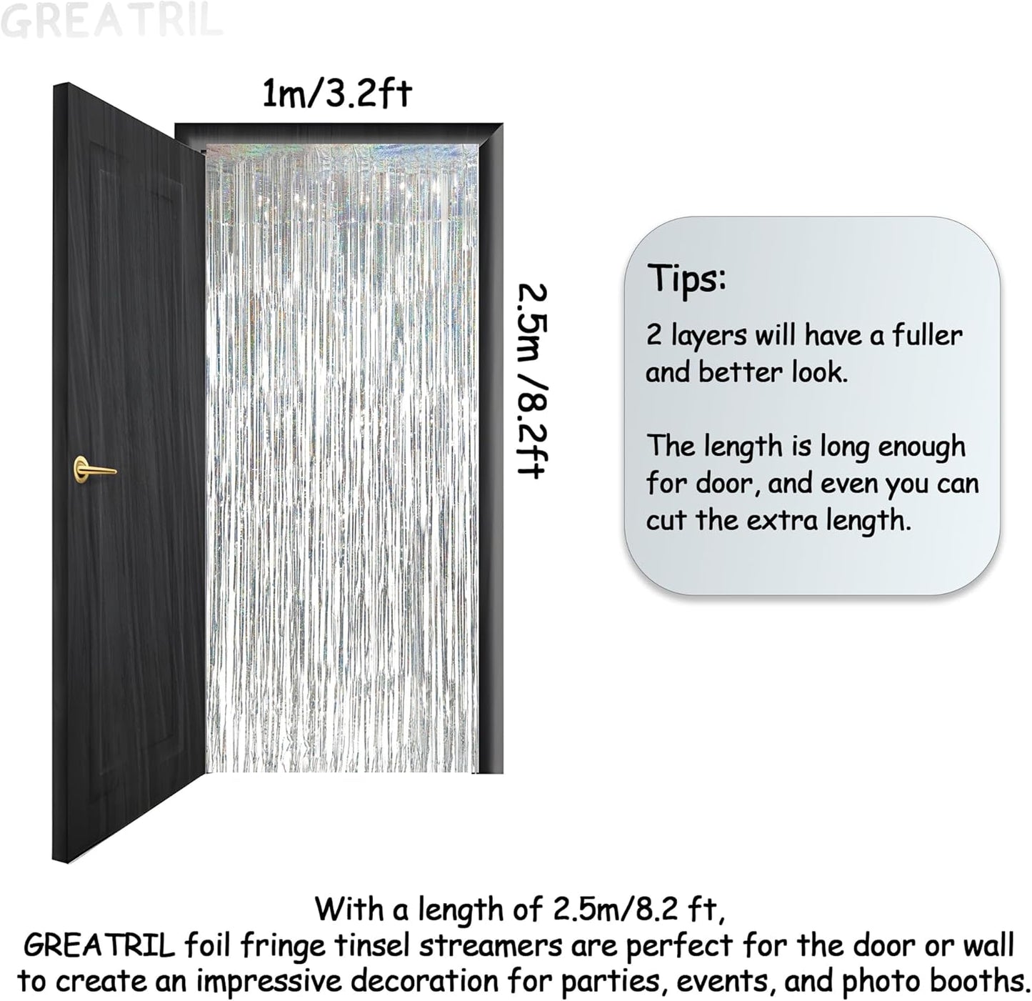 Silver Foil Fringe Tinsel Backdrop - GREATRIL Metallic Tinsel Streamers Curtains for 2025 NYE/Prom/Dancing Ball/Christmas/Bachelorette Party Decorations - Pack of 2