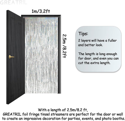 Silver Foil Fringe Tinsel Backdrop - GREATRIL Metallic Tinsel Streamers Curtains for 2025 NYE/Prom/Dancing Ball/Christmas/Bachelorette Party Decorations - Pack of 2