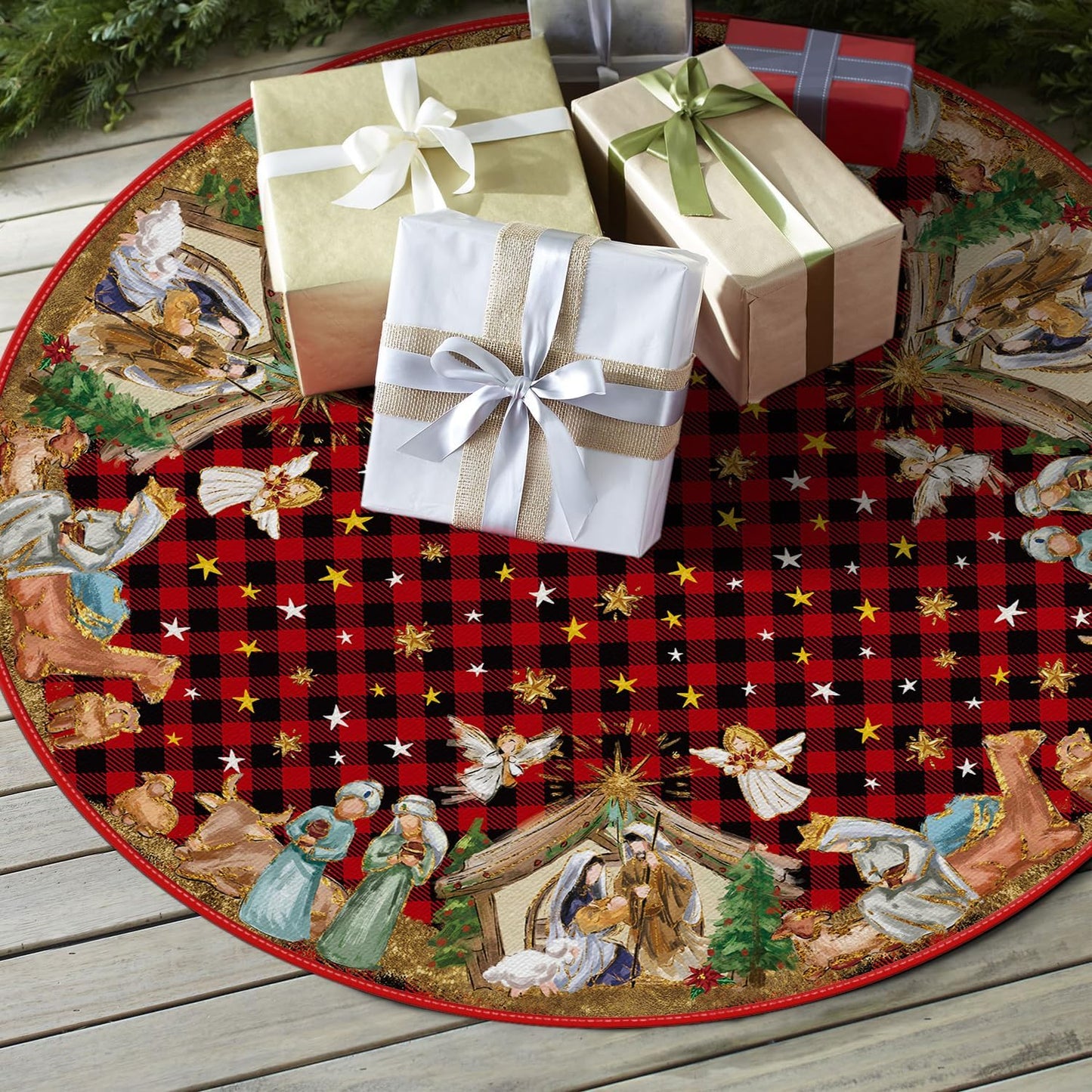 AVOIN colorlife Buffalo Plaid Christmas Tree Skirt 36 Inch, Winter Holiday Tree Decoration