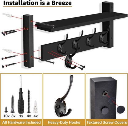 Sorbus Coat Hooks Wall Mount with Shelf – 24 Inch Coat Rack Wall Mount with 5 Heavy Duty Hooks – Floating Wall Shelf with Hooks for Entryway, Bathroom, Bedroom, Kitchen, or Mudroom (Black)