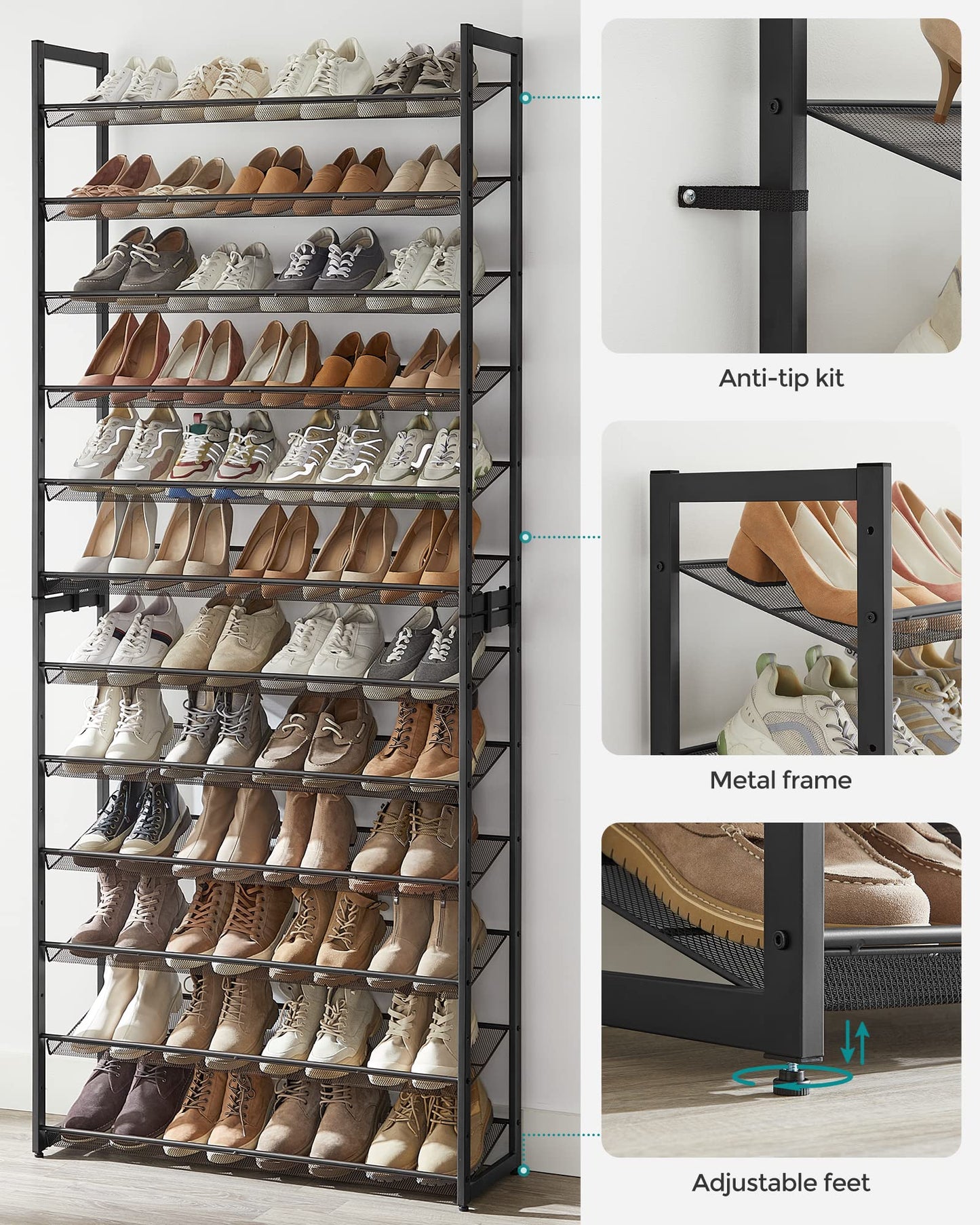 SONGMICS Shoe Rack, 12-Tier Shoe Organizer, Metal Shoe Storage for Garage, Entryway, Set of 2