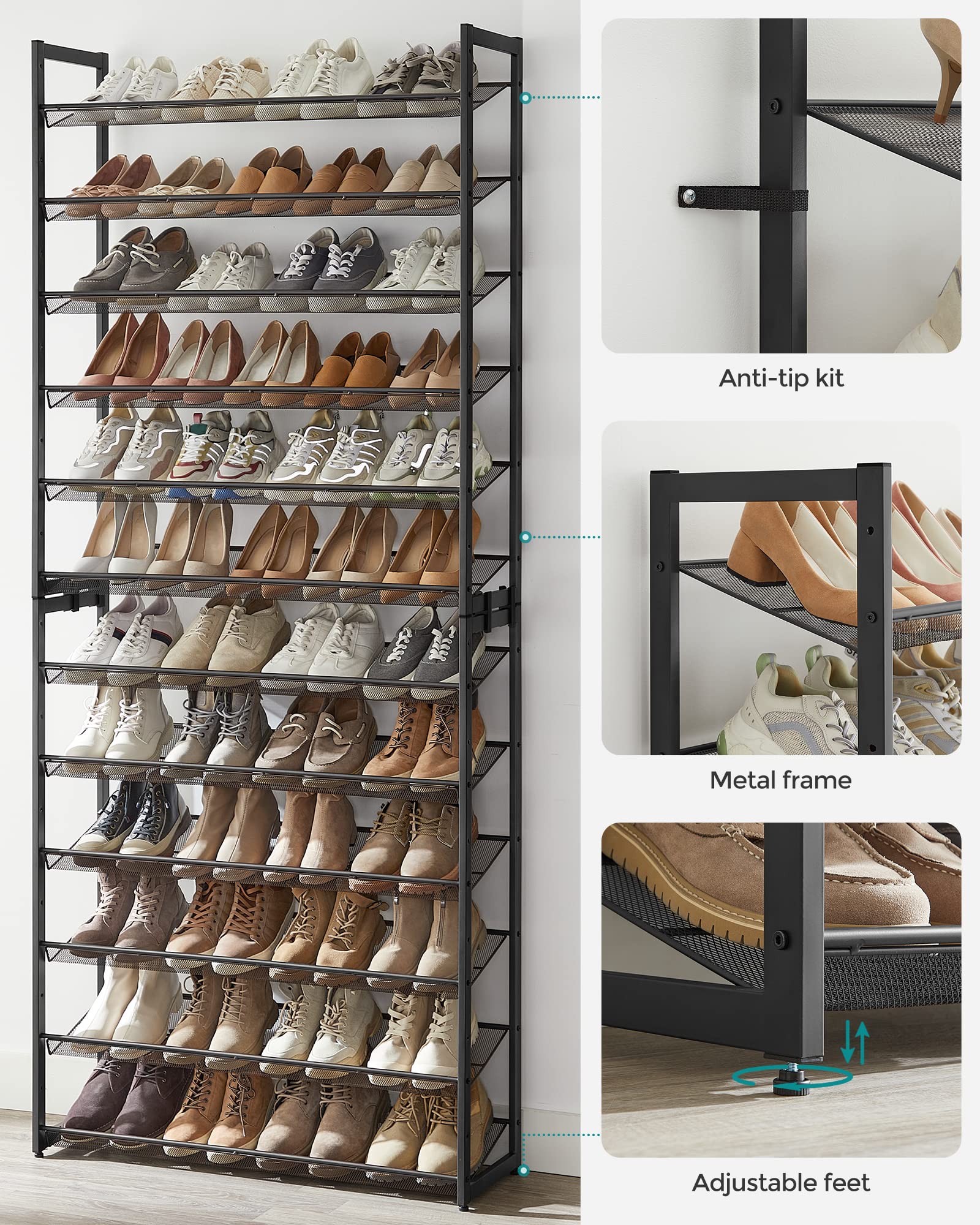 SONGMICS Shoe Rack, 12-Tier Shoe Organizer, Metal Shoe Storage for Garage, Entryway, Set of 2
