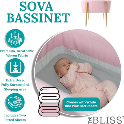 Sova Portable Baby Bassinet, Mid-Century Design with Extra Deep Walls for Newborns and Babies Safety, Includes 2 Fitted Sheets and Padded Mattress (Precious Pink)