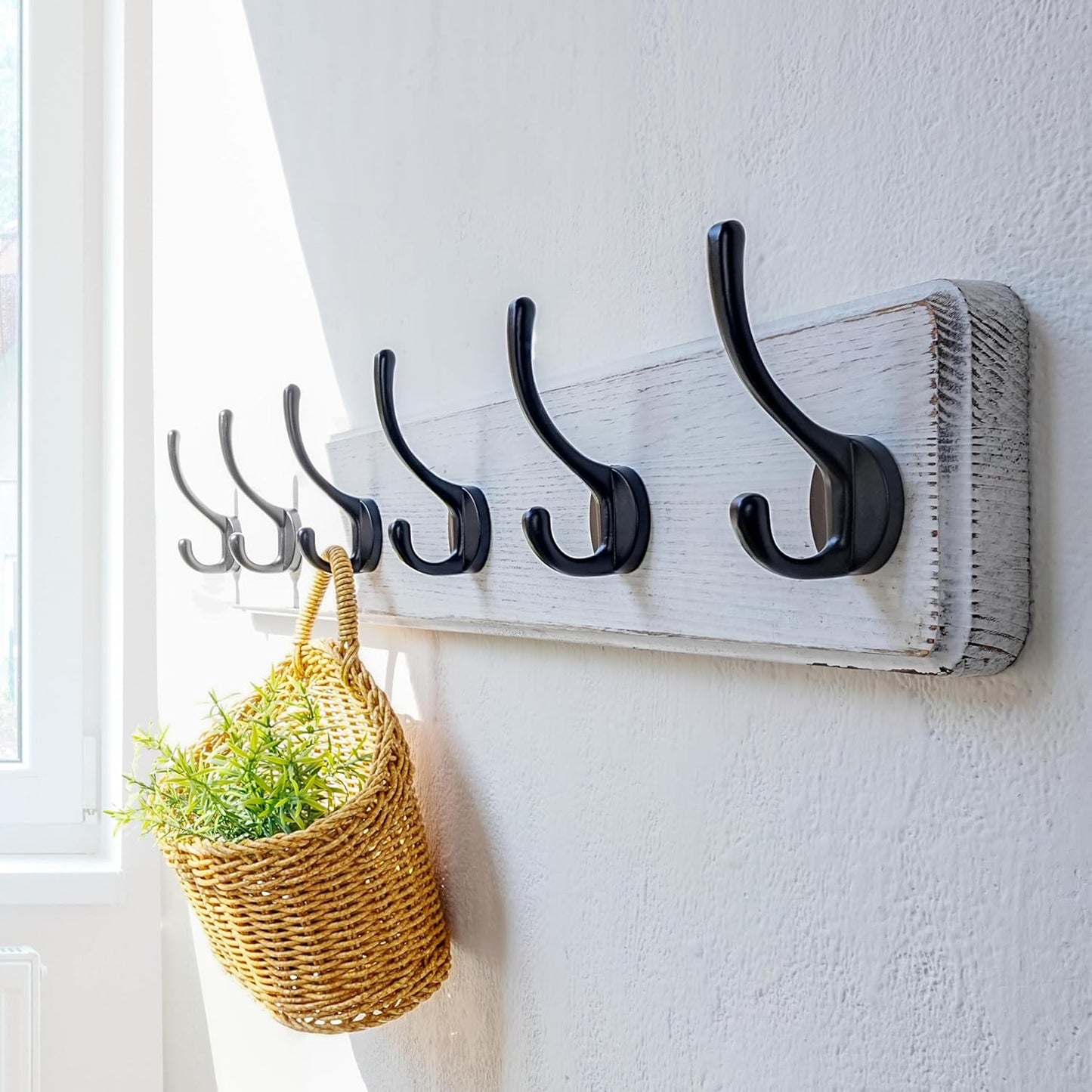 Dseap Wall Mounted Coat Rack: 24" Long, Patented, Heavy-Duty, 6-Double-Hooks Wooden Hanger Rail for Winter Coats, Hat, Jacket, Clothing - White & Black, Pack of 2