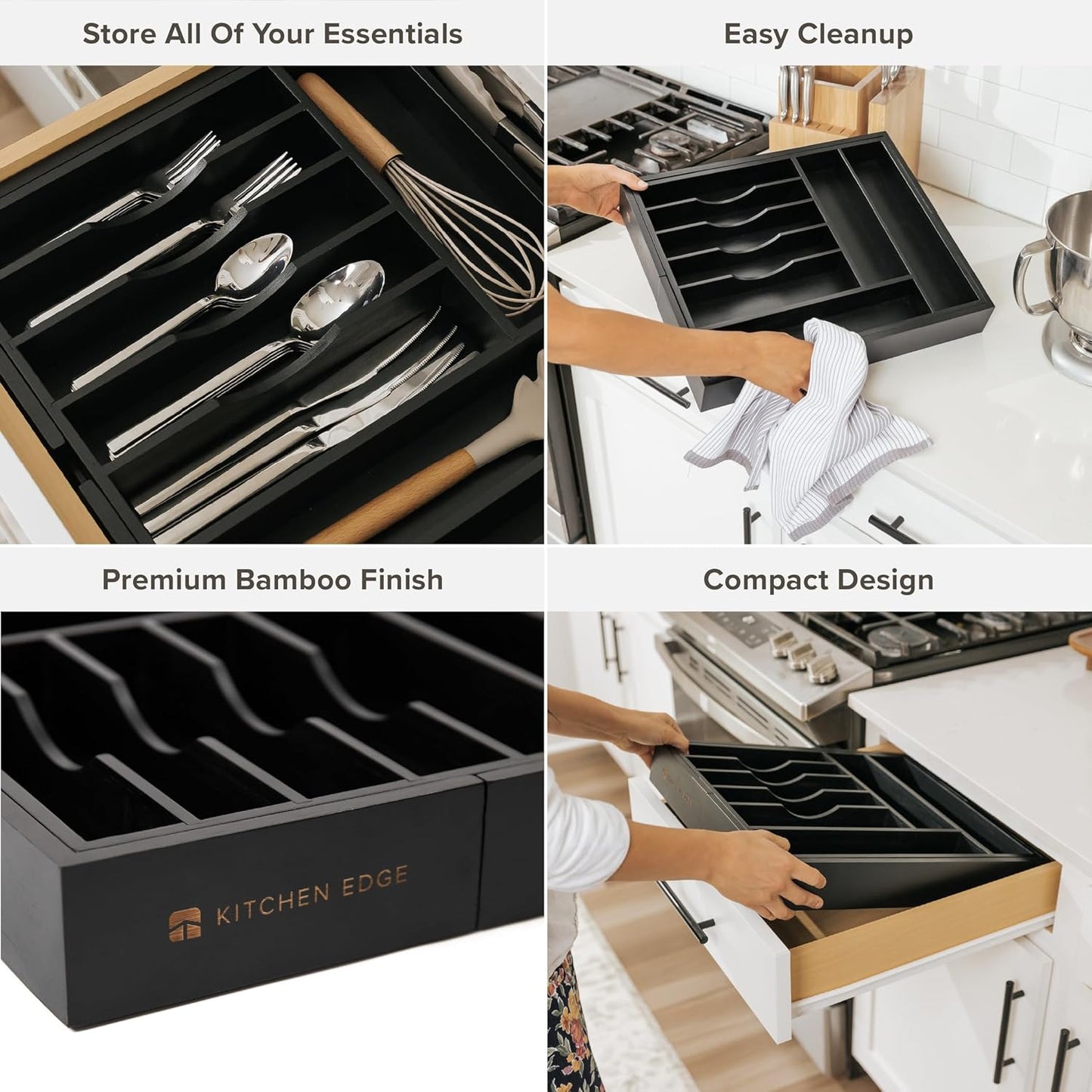 Premium Silverware, Flatware and Utensil Organizer for Kitchen Drawers, Food-Safe Contract Grade, Expandable from 14.5 to 25 In, Black Bamboo