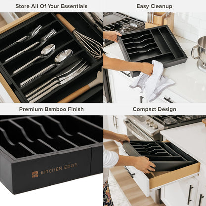 Premium Silverware, Flatware and Utensil Organizer for Kitchen Drawers, Food-Safe Contract Grade, Expandable from 14.5 to 25 In, Black Bamboo