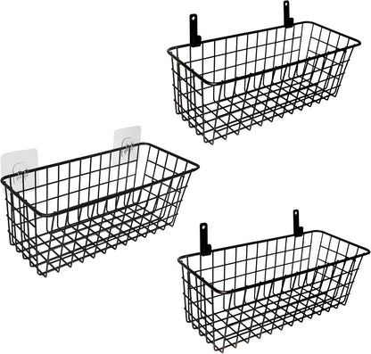 Joben Oligey 3 Set Hanging Wire Baskets ,Wall Mount Fruit Basket,No Drilling,Adhesive Small Metal Basket,Farmhouse Food Storage Mesh Bin Kitchen Pantry Laundry Bathroom Closet Garage RV ,Black