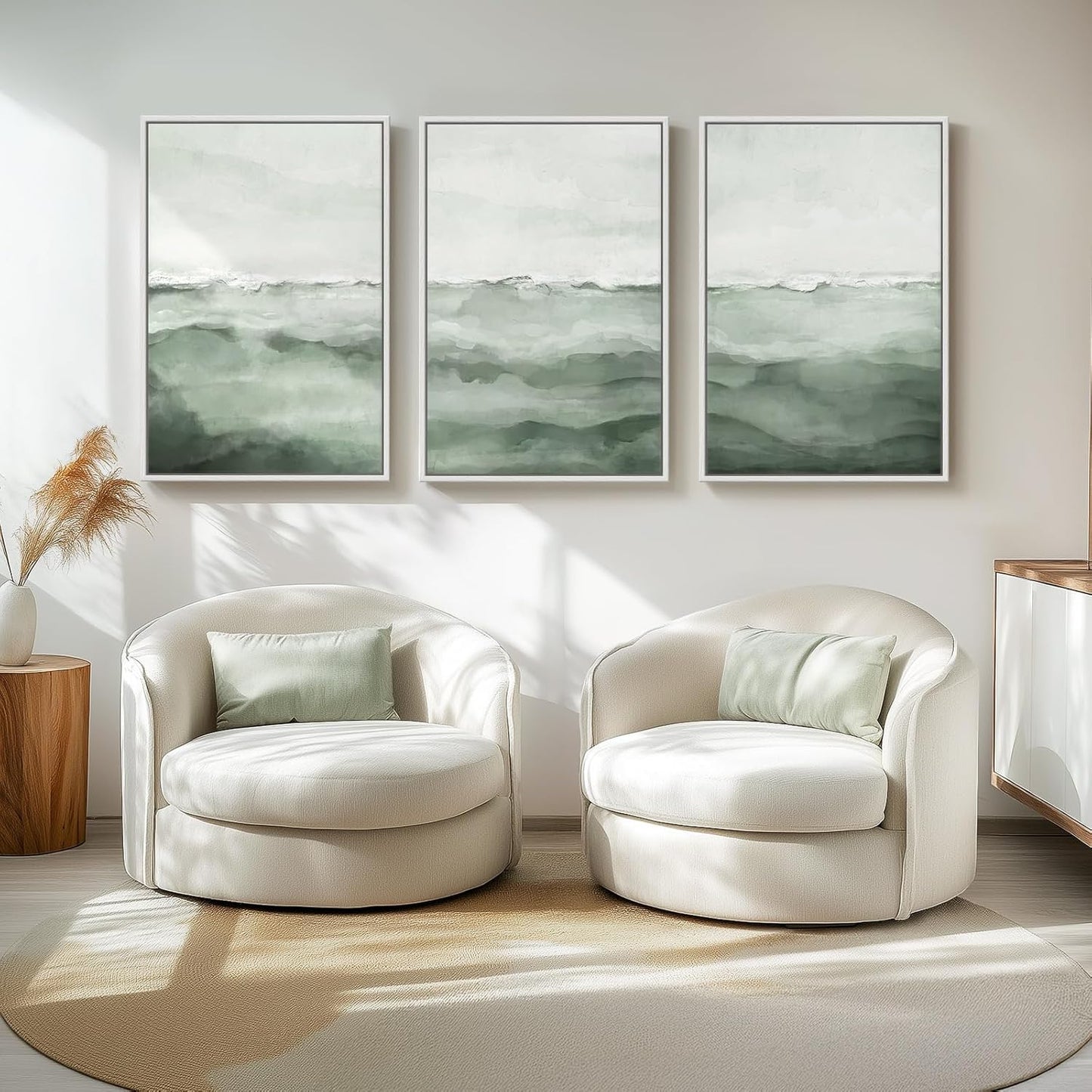 Large Framed Sage Green Abstract Landscape Wall Art for Living Room, 3 Piece Modern Canvas Prints Paintings Artwork for Walls, Minimalist Abstract Pictures for Hallway, Office Wall Decor 24x36 In