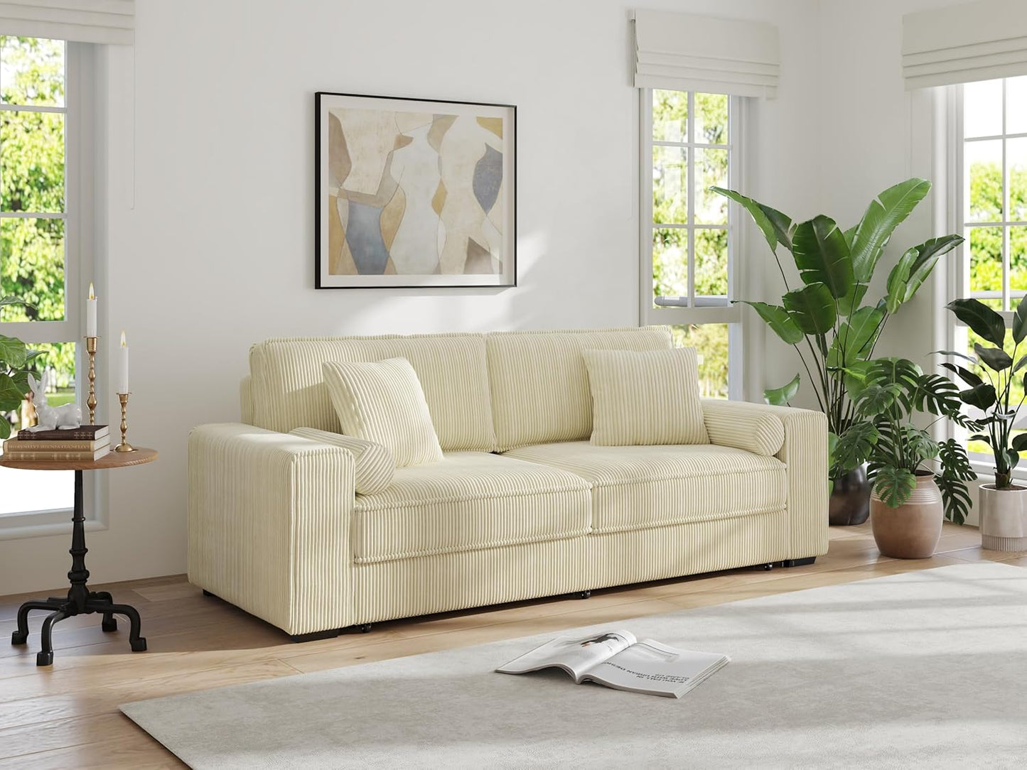 91-Inch Corduroy Pull Out Couch with Storage, Convertible Queen Sleeper Sofa with Pull Out Bed, Hide a Bed Couches for Bedroom, Guest Room, Apartment, Small Places, RV (Beige)