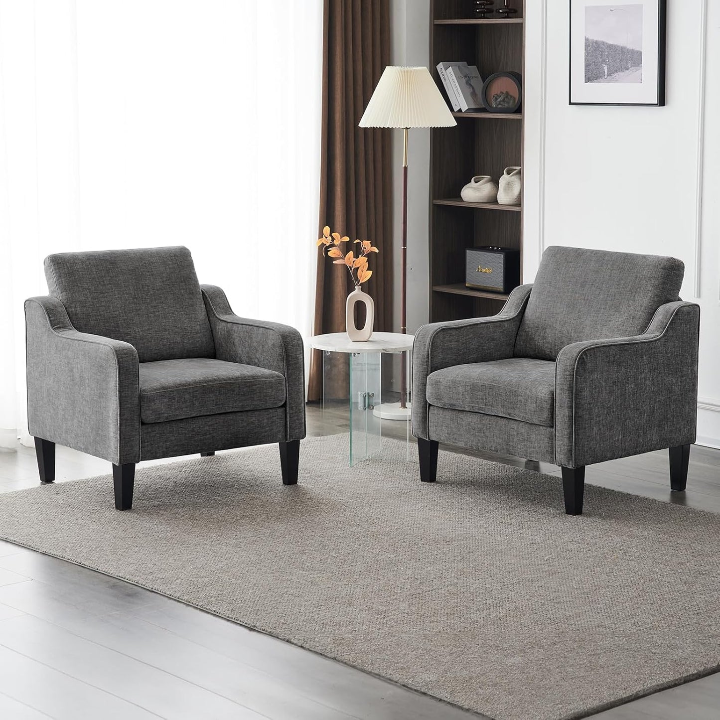 VINGLI Accent Chairs Set of 2 for Living Room, Light Grey Mid Century Modern Chair Soft Chenille Sofa Chair Upholstered Comfy Arm Chairs for Bedroom, Play Room, Apartment