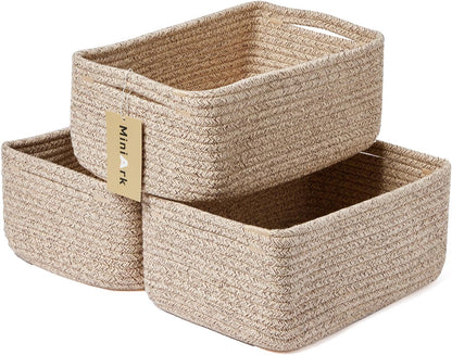 Small Storage Baskets for Organizing | Closet Organizer Bins | Shelf Toy Basket | Woven Rope Baskets | Cube Decorative Box | Shallow Basket | 13x8.5x5.1” | 3 Packs Mixed Brown