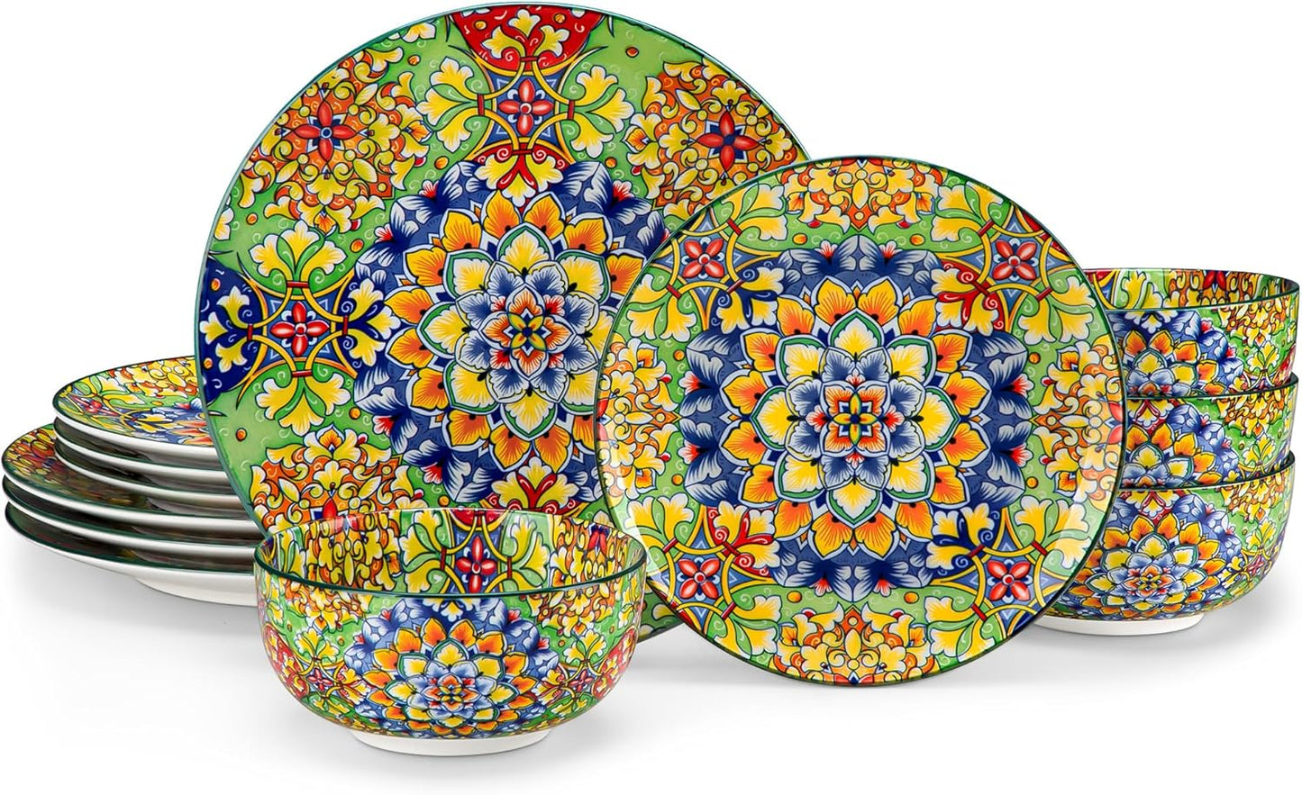 vancasso 12 Pieces Dinnerware Sets, Green Plates and Bowls Set, Porcelain Dishes Set for 4, Microwave and Dishwasher Safe, Scratch Resistant, Bohemian Style Dining Ware Service for 4, Series SIMI