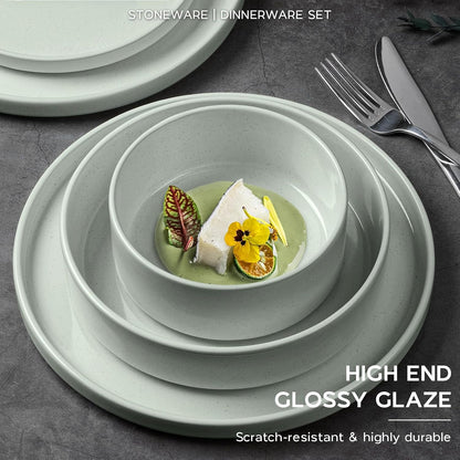 Onader Stoneware Dinnerware Sets for 6 with Double Bowl, 24 Piece Plates and Bowls Dish Dinner Set, Speckled Kitchen Dishware Tableware – Pale Sage Green