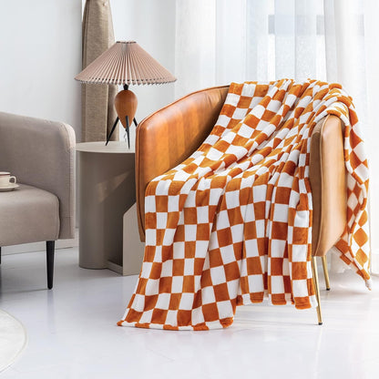 LOMAO Throw Blankets Flannel Blanket with Checkerboard Grid Pattern Soft Throw Blanket for Couch, Bed, Sofa Luxurious Warm and Cozy for All Seasons (Orange, 50"x60")