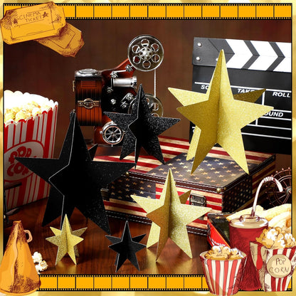 45 Pcs 3D Star Centerpieces Movie Night Decorations for Table in 3 Sizes Hanging Supplies for Red Carpet Film Show Theme Birthday New Year Party First Day of School Table Decor(Black and Gold)