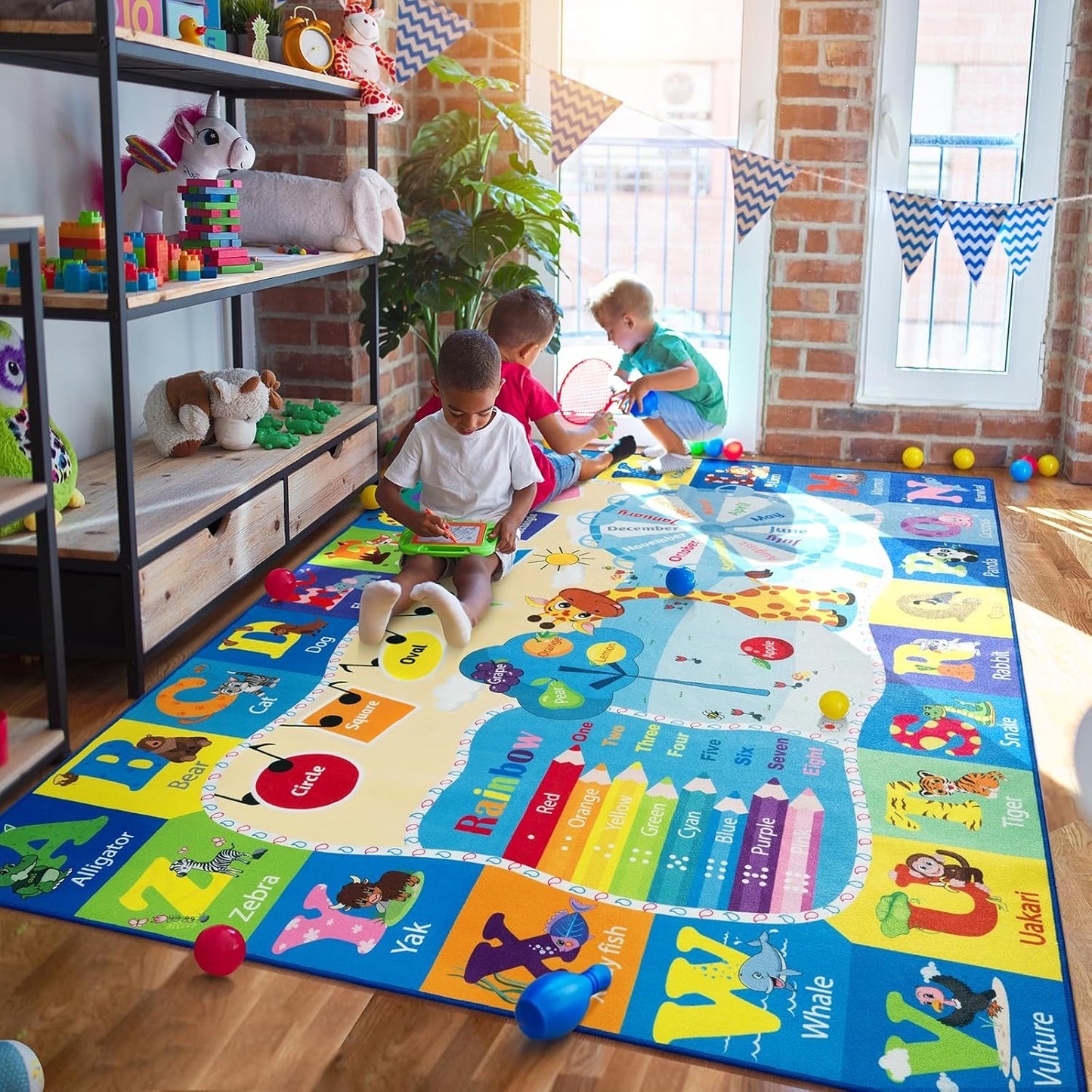 Kids Rugs for Playroom Bedroom Classroom Nursery, Non-Slip and Washable Rugs for Children Toddlers Girls, Educational and Fun Rug Carpets with ABC Alphabet Animals Shapes, 6x9, Blue