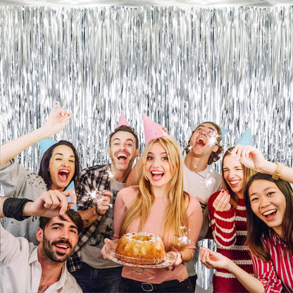 GOER 6.4 ft x 8.2 ft Metallic Tinsel Foil Fringe Curtains,Pack of 2 Party Streamer Backdrop for Birthday,Graduation Decorations and New Year Eve (Silver)