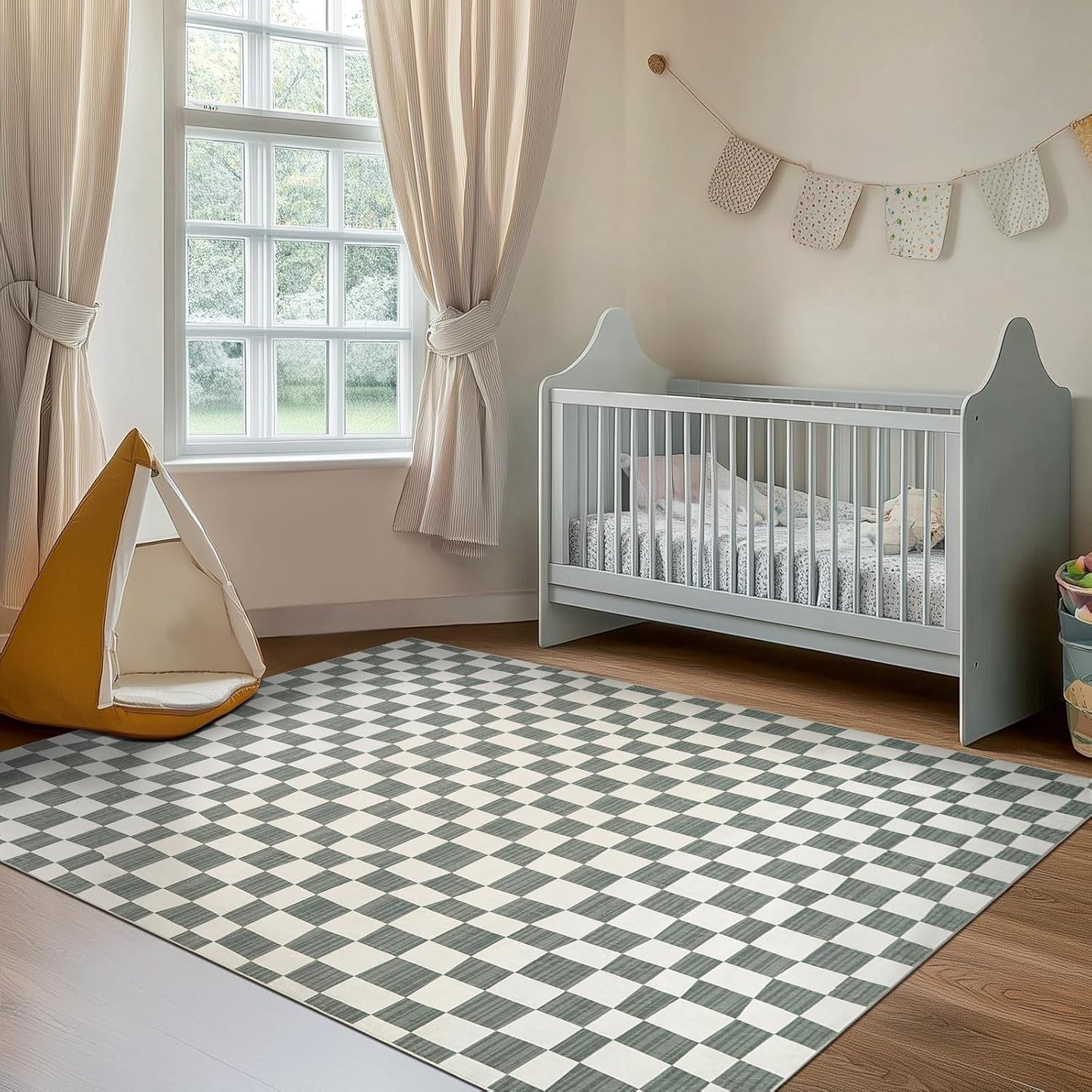 jinchan 4x6 Checkered Area Rugs for Kids Room - Machine Washable Soft Rug Modern Geometric Lattice Non-Slip Carpet for Nursery Playroom Bedroom Entryway Living Room Dining Room Home Office Grey