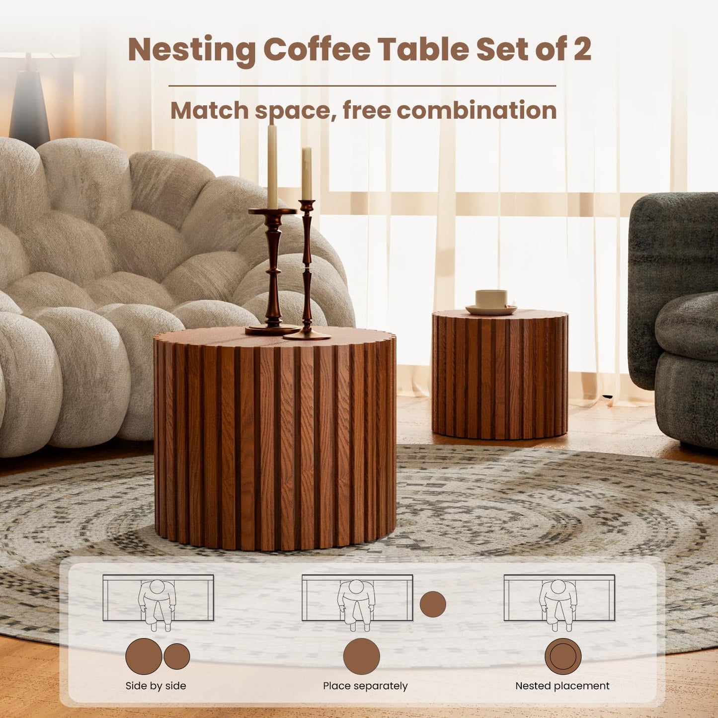 WXFKLDJ Round Nesting Coffee Table Set Cylindrical Wooden Coffee Table Sofa Center Table Circle Embossed Design Side Table for Living Room Apartment No Assembly (Striped Brown Small)