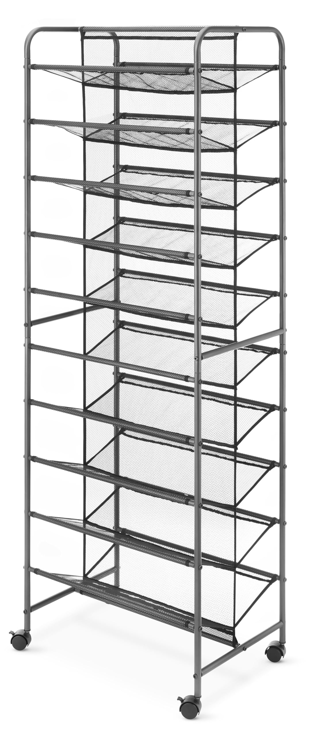 Whitmor 10 Tier Double-Sided Shoe Cart with Lockable Wheels, Gunmetal Rolling Shoe Organizer with