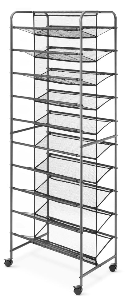 Whitmor 10 Tier Double-Sided Shoe Cart with Lockable Wheels, Gunmetal Rolling Shoe Organizer with