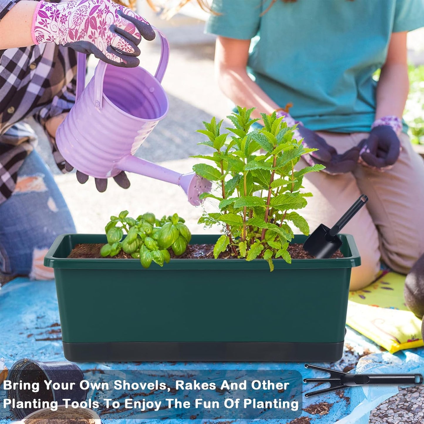 Window Box Planter 8 Pcs, 17 Inches Rectangle Flower Pots with Drainage Holes and Trays, Vegetable Planters for Windowsill Patio Garden Balcony Home Porch Yard Indoor Outdoor (Dark Green)