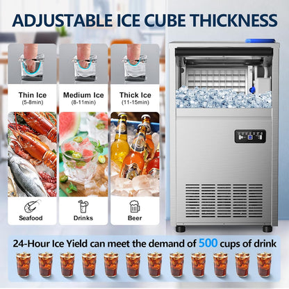 Commercial Ice Maker Machine, 150Lbs/24H with 45Lbs Storage, Fast Ice Making in 8-15Mins, Stainless Steel Under Counter or Freestanding Ice Machine for Home, Party, Office - 2 Water Inlet Modes