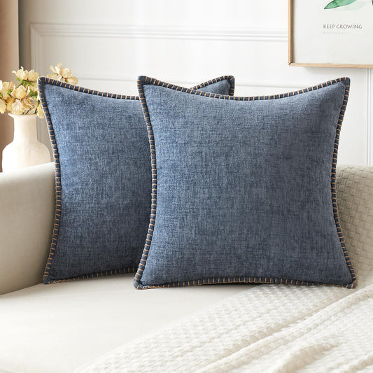 MIULEE Pack of 2 Couch Throw Pillow Covers 16x16 Inch Dark Grey Blue Farmhouse Decorative Pillow Covers with Stitched Edge Soft Chenille Solid Dyed Spring Pillow Covers for Sofa Bed Living Room