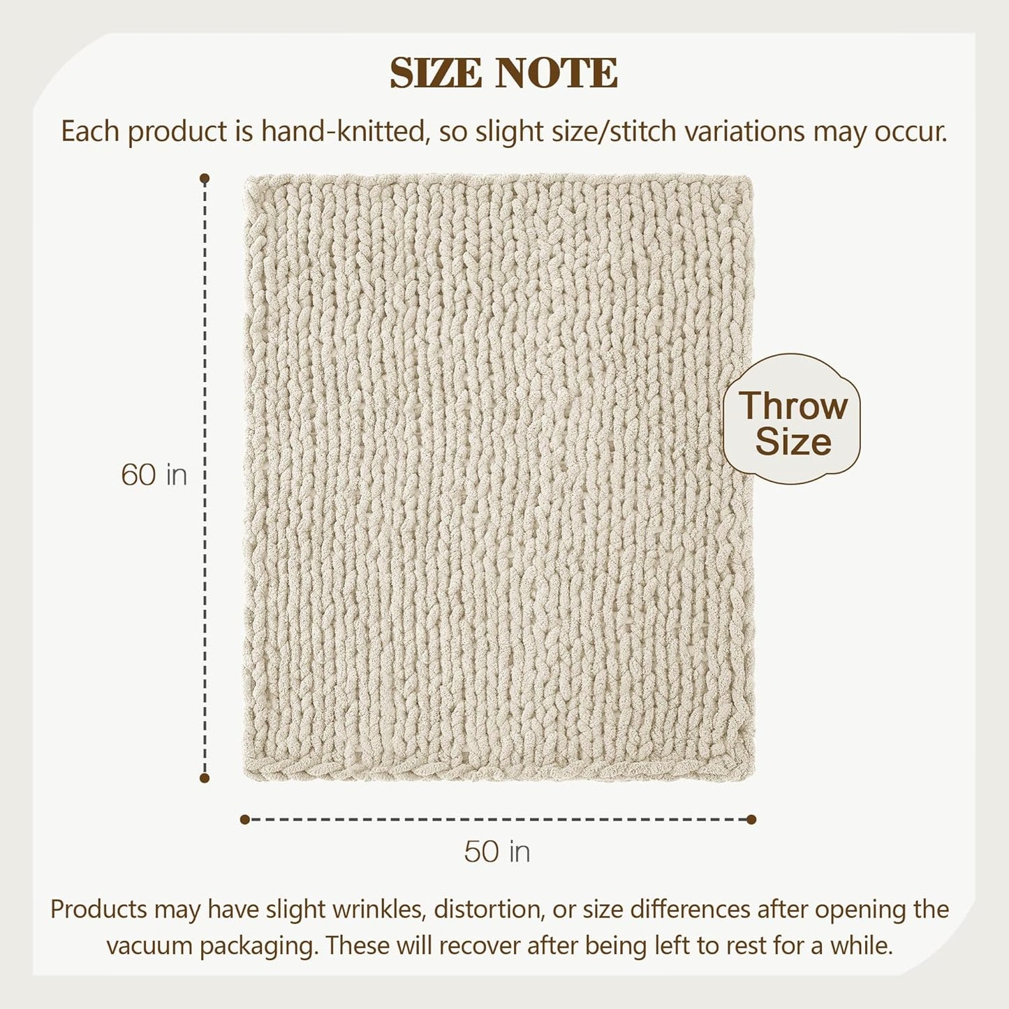 Carriediosa Chunky Knit Throw Blanket 50" X 60", 100% Hand Made Large Chenille Loop Yarn Soft Fluffy Throws for Couch Sofa Bed, Big Crochet Cozy Heavy Thick Cable Woven Blanket, Light Beige