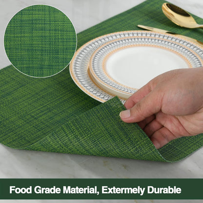 Green Placemats Set of 8 - Wipe Clean Vinyl Placemats - Washable Heat Resistant PVC Placemats for Dining Table - 17x12 Inch (Green, 8)