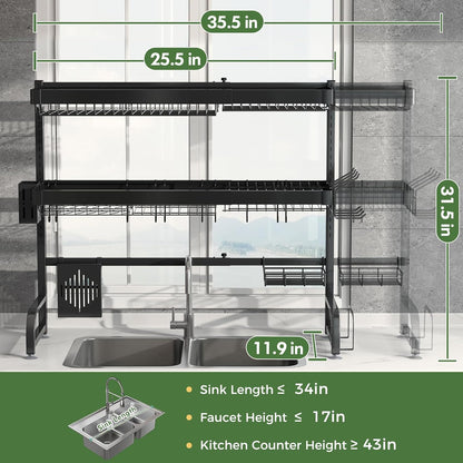 3 Tier Extra Large Stainless Steel Expandable Over The Sink Dish Drainer Drying Rack, Rust Proof Metal, Space Saving, Modern Black Big Capacity Extendable Plate Strainers Above Kitchen Counter