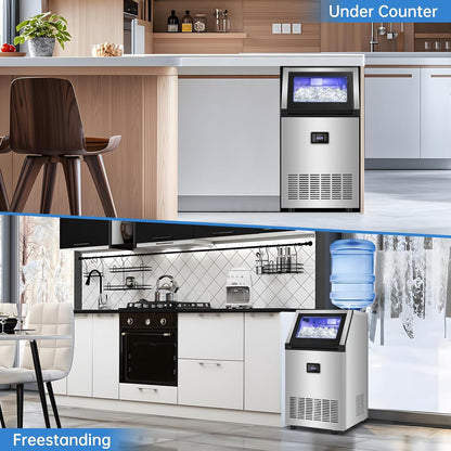 Ice Maker Commercial Ice Machine 200 lbs /24H, 33 lbs Large Storage Capacity Bin, Under Counter or Freestanding Ice Cube Makers Stainless Steel for Restaurant Bar Cafe