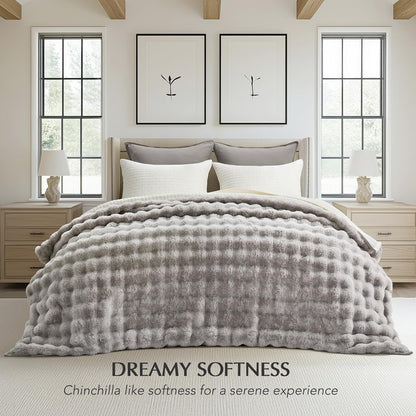 EVERGRACE Ultra Soft Luxury Fluffy Ridgeline Faux Rabbit Fur Throw Blanket, Thick Warm Fuzzy Blankets for Winter, Cozy Plush Reversible Blanket for Couch, Bed, Sofa, Taupe, 80x90 Inches, 870 GSM