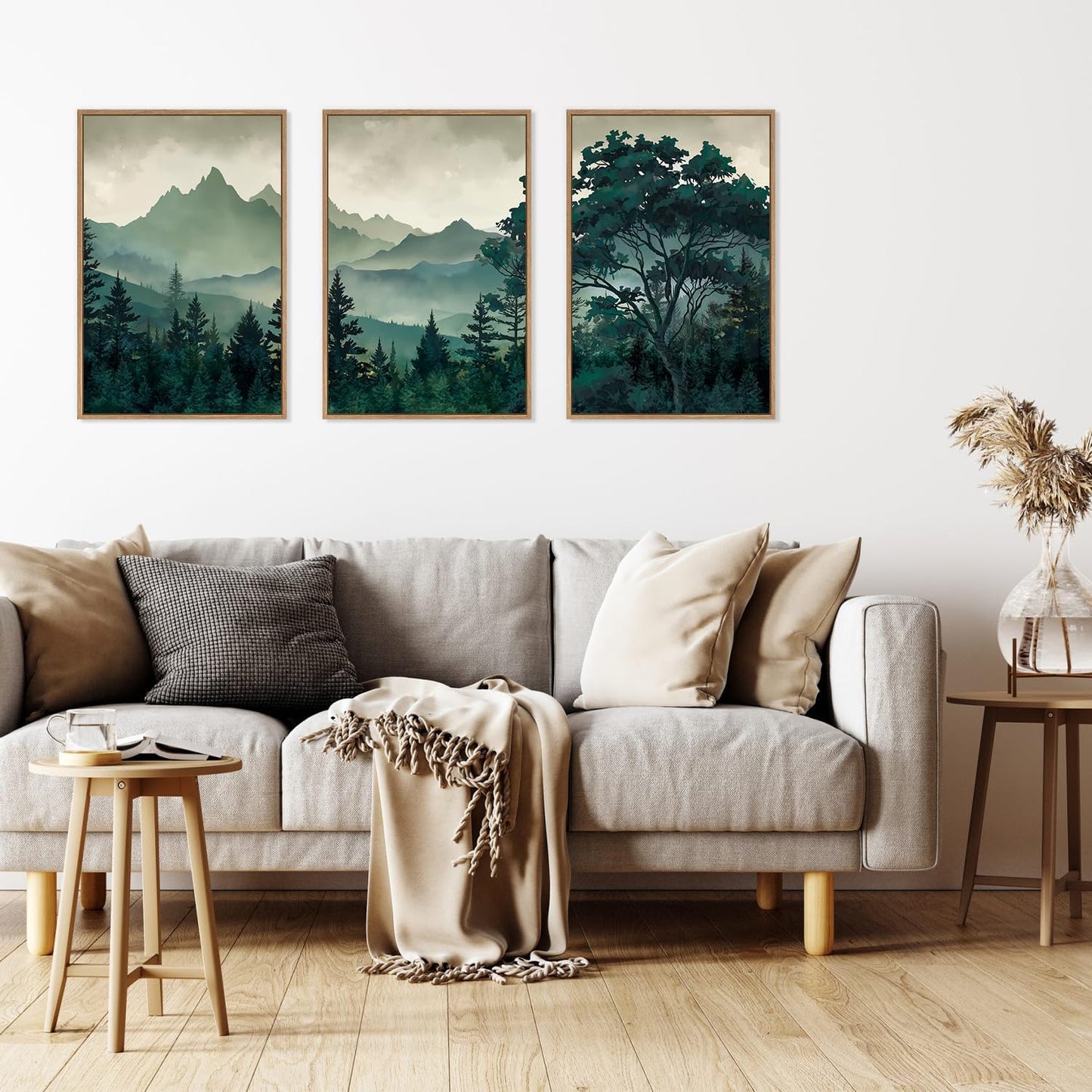 HLNIUC Green Foggy Forest Framed Canvas Wall Art Set,Watercolor Boho Pine Tree Wall Decor,Modern Misty Mountain Scenery Art Print,Nature Landscape Wall Painting for Living Room,Bedroom - 16”x24”x3