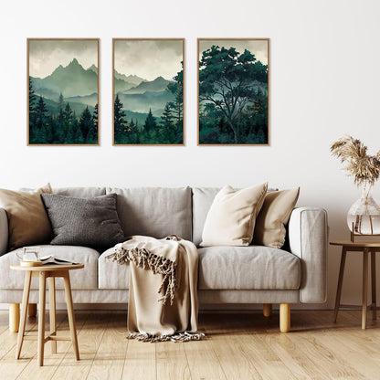 HLNIUC Green Foggy Forest Framed Canvas Wall Art Set,Watercolor Boho Pine Tree Wall Decor,Modern Misty Mountain Scenery Art Print,Nature Landscape Wall Painting for Living Room,Bedroom - 16”x24”x3