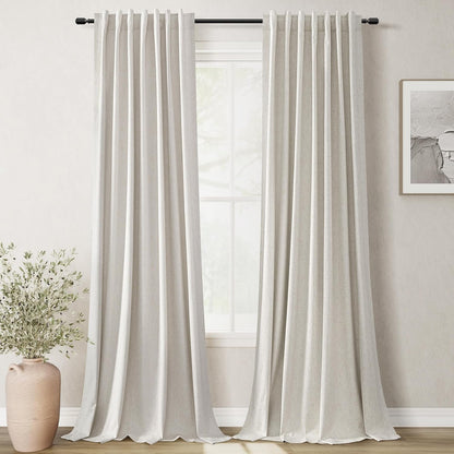 BOODII Full Blackout Curtains 90 Inches Long Room Darkening Curtain for Bedroom Sliding Door Thermal Insulated Black Out Curtains & Drapes Natural Neutral Linen 2 Panels Set Back Tab 52x90
