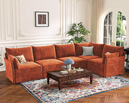 135.5" Oversized Modular Sectional Sofa, L Shaped Convertible Couch with Movable Ottoman, 5 Seat Corner Couches for Living Room Deep Seat Terracotta Orange Chenille