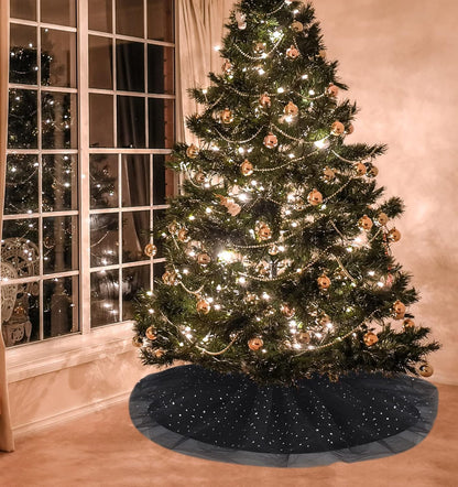 Christmas Wedding Tree Skirt,45 inch 4-Layer Fluffy Romantic Pleated Sparkly Halloween Skirt Decoration Xmas Tree Ornament for Holiday and Party(Black)