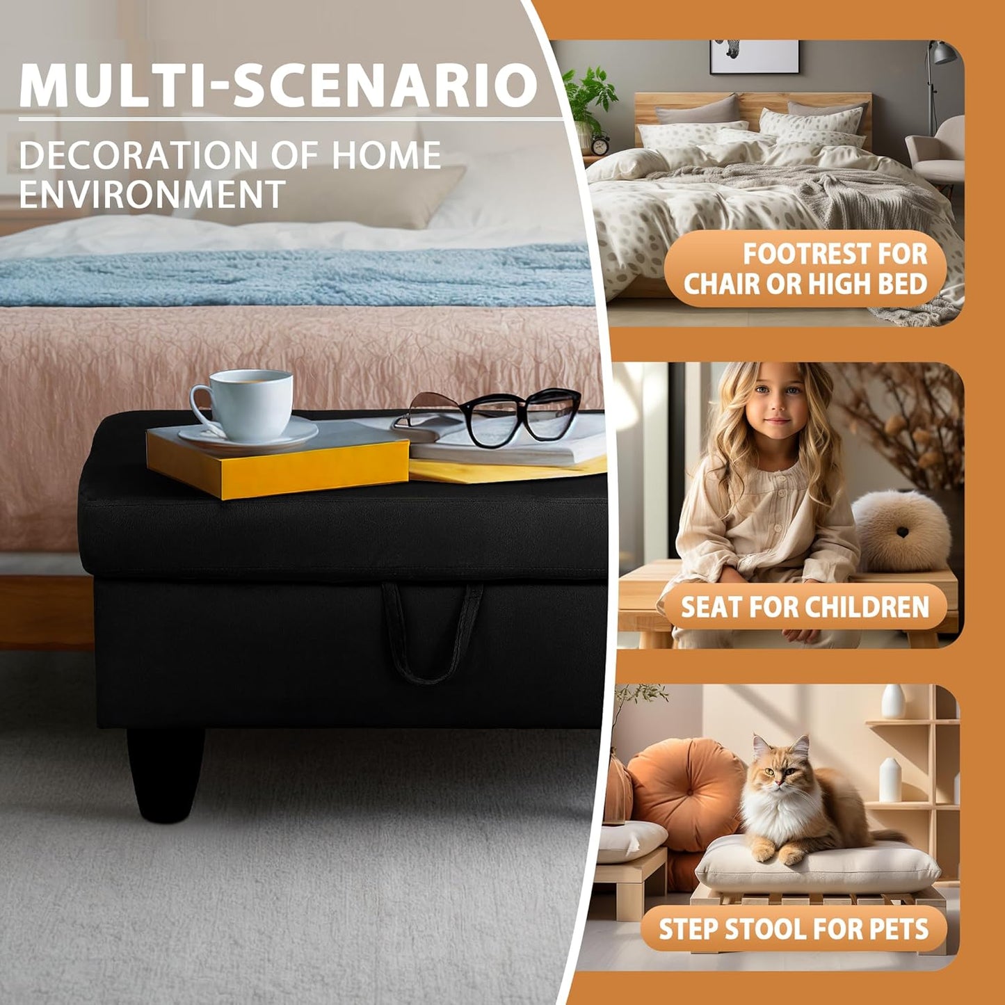 Ottoman Rectangular Storage Ottoman Bench, Flannel Footrest Stool Footstool with Lid for Living Room, Bedroom, Entryway, Black, 28.5"x19"x17.5"