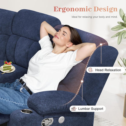 Recliner Sofa Set with 2+1 Pieces, Fabric Manual Pull Tab Reclining Loveseat with Storage Console, Single Recliner Chair for Living Room, RV, Blue