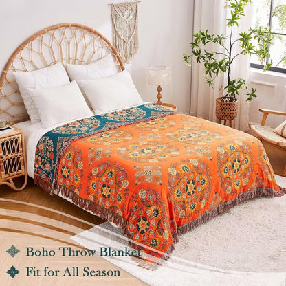 Boho Throw Blanket, 100% Cotton Ultra Soft Luxury Throw Rustic Quilt, 60"x80" Floral Printed Farmhouse Decor Bed Summer Blankets, All Season Rustic Reversible Bohemian Throw for Bed - Orange