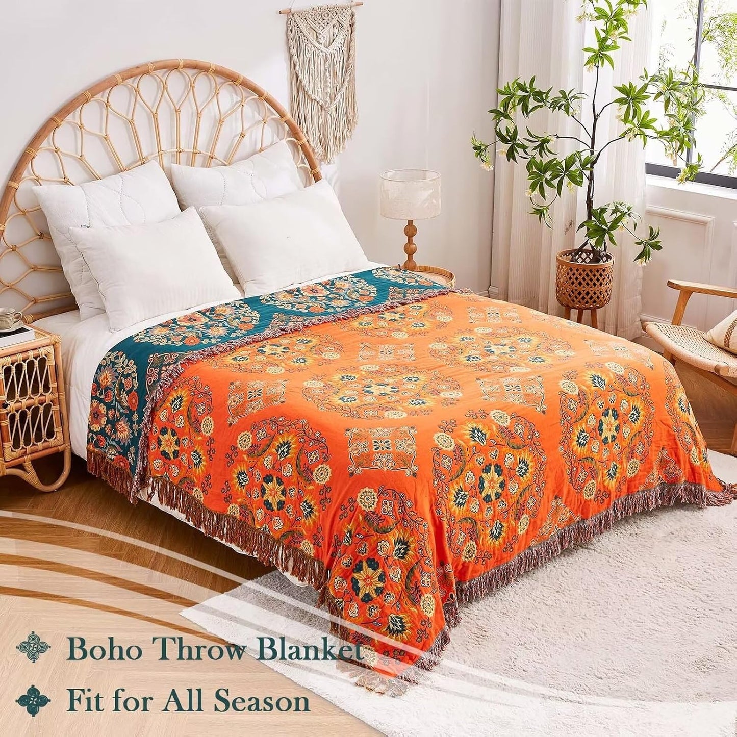 Boho Throw Blanket, 100% Cotton Ultra Soft Luxury Throw Rustic Quilt, 80"x90" Floral Printed Farmhouse Decor Bed Summer Blankets, All Season Rustic Reversible Bohemian Throw for Bed - Orange