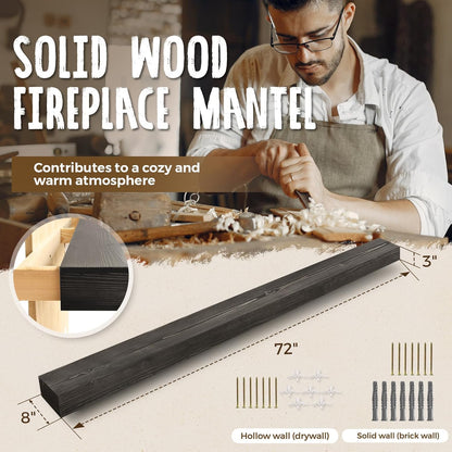 72x8x3 Fireplace Mantel - Handcrafted Hollow Rustic Solid Wood Wall Mounted Floating Shelf with Invisible Heavy Duty Wood Bracket (Weathered Black)