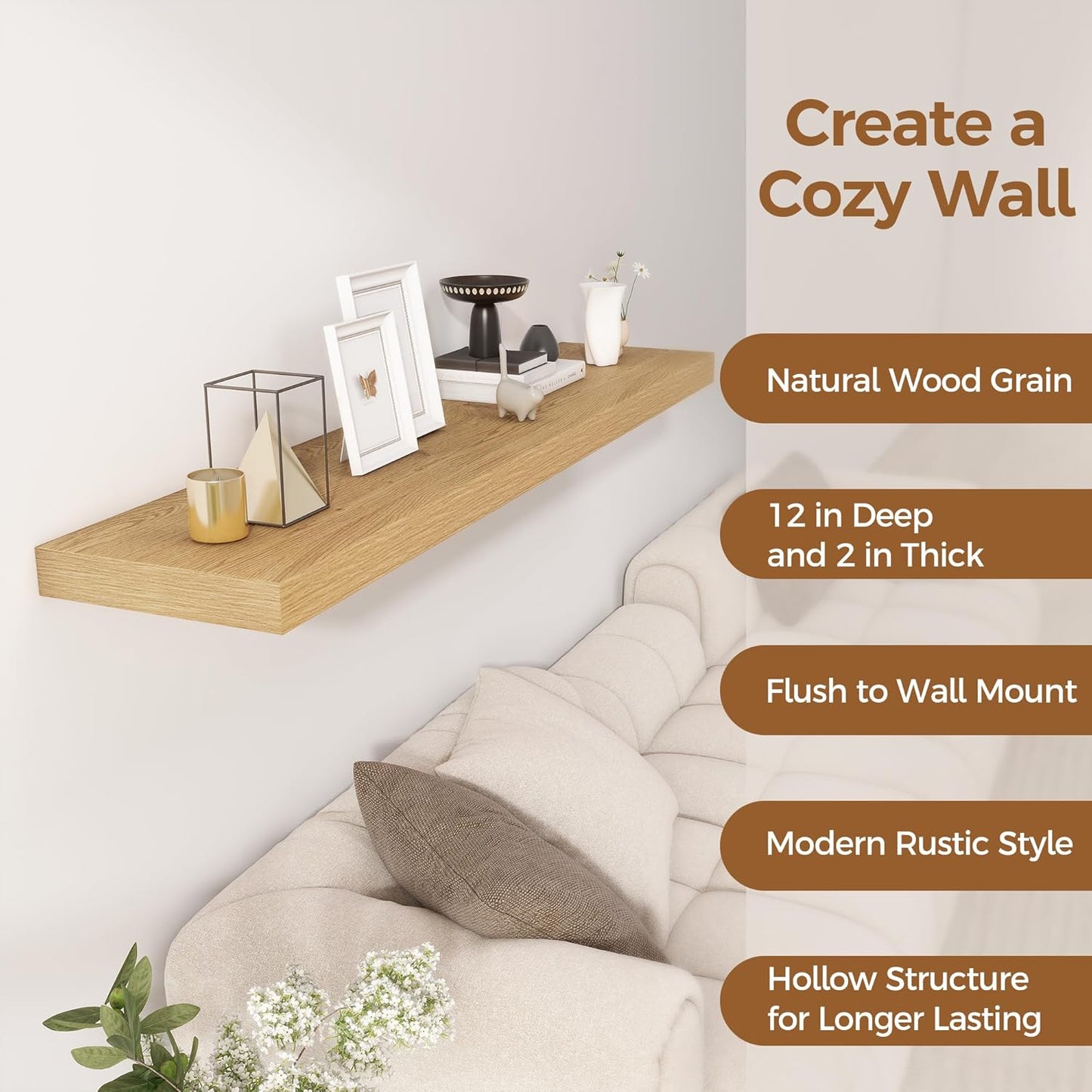 Fun Memories 55 Inch Floating Shelves, 12 Inch Deep Floating Shelf for Wall, 55 x 12 Large Floating Shelves for Fireplace Mantel, 2 Inch Thick Wall Shelf for Living Room, Bedroom, Oak Color, 1 Pack